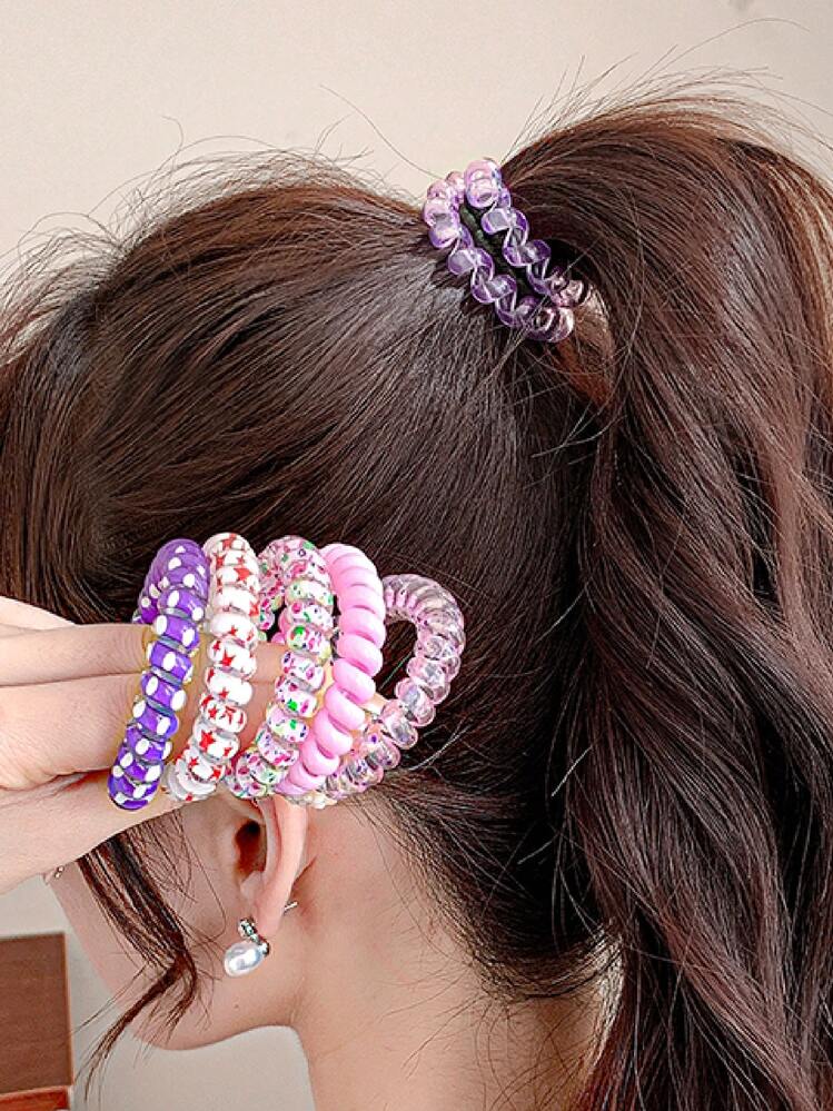 6pcs Women Floral Print Coil Wire Casual Hair Tie For Daily Life Cute Tiaras Valentine's Day Valentines Ponytail Holders Hair Elastics Hair Rubber Bands Scrunchies Hair Rope Elastic Hair Tie, Hair Bobbles ﻿, Home Beauty Women Accessory Gifts - Multicolor - View 2