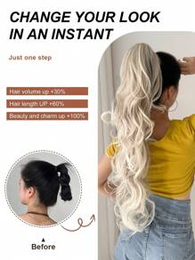 32英寸长波浪卷曲马尾假发，合成耐热爪夹波浪马尾假发，女士款 - 漸層米色 - 查看 4