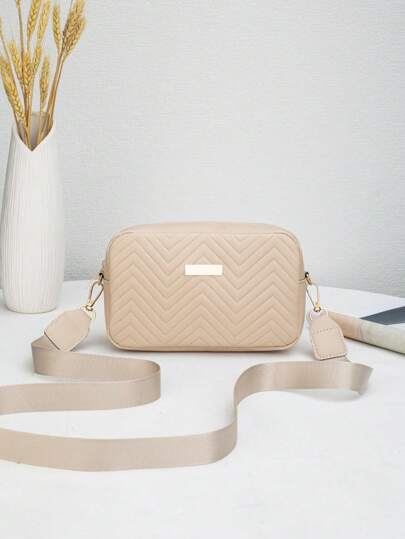 1pc Apricot Quilted V-Groove Embossed Women Square Crossbody Bag, Fashion Versatile Shoulder/Camera Bag With Golden Metal Decoration