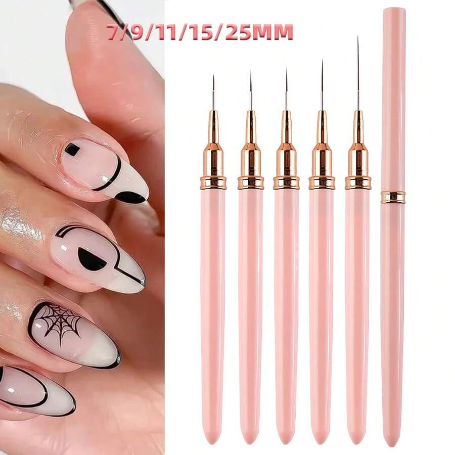 5 Pcs Set Nail Art Brushes, Nail Art Painting Pen Set, Size 7 9 11 15 25 Nail Design Brushes, Paint Drawing Liner Nail Art Tools, Suitable For Beginners And Professional Nail Art Pink Nail Art Painting Pen - Pink - View 1