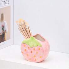 1pc Cute Strawberry Ceramic Makeup Brush Storage Bucket Ceramic Decoration Desktop Office Dormitory Storage Container Stationery Storage Container Pen Holder - Multicolor - View 6