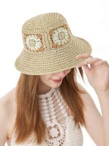 LEAJOURNO. 1頂女性花卉圖案針織時尚草帽,適用於戶外波希米亞風格 - 卡其色 - 查看 12