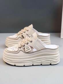 Women's White Casual Shoes, Sports Shoes, Spring, Summer, And Autumn New Outdoor Thick Soles With An Inner Height Increase, Fashionable And Versatile Vacation Style, Student Outdoor Mountaineering Mesh Breathable Skateboard Shoes, Flat Bottomed Toe Slippers, Women's Shoes - Màu Khaki - Xem 2