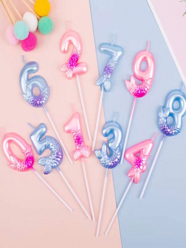 1pc Mermaid Number Candle 0-9, Pink & Blue Birthday Party Decoration Candle