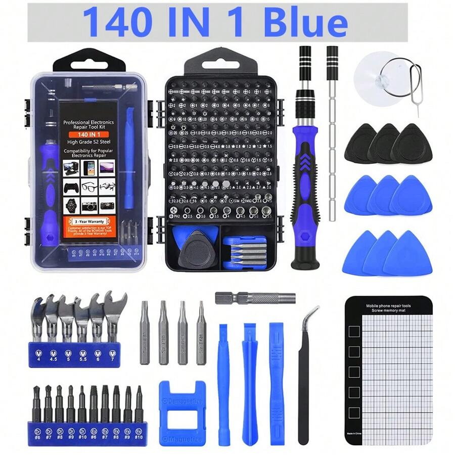 Bộ tuốc nơ vít chính xác, Bộ công cụ sửa chữa 140 trong 1 với bộ tuốc nơ vít từ tính 118 bit cho máy tính, máy tính xách tay, điện thoại, v.v. - Màu xanh lam - Xem 1