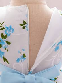 女婴碎花薄纱公主裙和可爱花童裙，不含头饰 - 藍色 - 查看 10