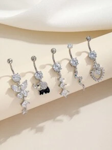 5入組簡約性感銅製肚臍環套裝，配有蝴蝶、大象、蛇、皇冠和方形鑽石裝飾。適合日常穿著、派對和約會。 - 復古銀色 - 查看 7