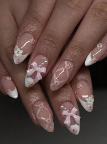 Conjunto de uñas falsas con 24 puntas de uñas con forma de almendra y diseño de lazo rosa dulce y flores con rayas cruzadas blancas + 1 tubo de pegamento gelatinoso + 1 lima de uñas - Rosa - Ver 1