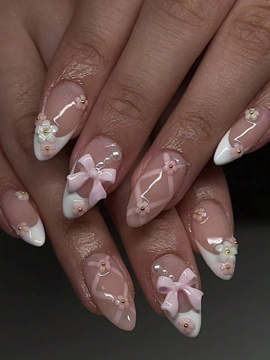 Conjunto de uñas falsas con 24 puntas de uñas con forma de almendra y diseño de lazo rosa dulce y flores con rayas cruzadas blancas + 1 tubo de pegamento gelatinoso + 1 lima de uñas - Rosa - Ver 1