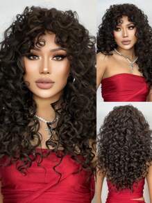 24 英寸卷发女式假发 波浪棕色假发 合成长卷发假发。合成耐热假发 弹性卷发假发带刘海 渐变金色 18 英寸化纤假发刘海假发日常使用 易于佩戴 适合初学者 大弹性蓬松卷发假发适合万圣节和角色扮演