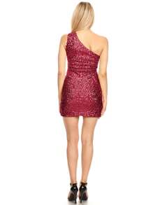 Women's One Shoulder Sparkle Sequin Stretchy Cocktail Club Mini Dress - 酒紅色 - 查看 2