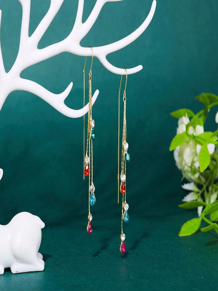 1pair Of Fashionable Long Tassel Drop Earrings With Rhinestone Water-Drop Design, For Women - Green/pink/blue/rose Red - View 1