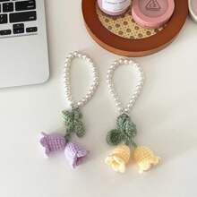 1pc Handmade White/Pink Woven Flower Backpack/Bookbag/Purse Pendant, Faux Pearl Decorated Bracelet / Keychain / Keyring, Crochet Flower Trinket Gifts For Women In Summer Valentine's Day Valentines School Pearl