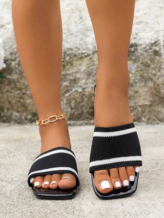 Women's Square Toed Flat Slippers, Summer Open Toe Casual Slipper. Fashionable And Versatile Strap Flat Sandals. Flat Slippers