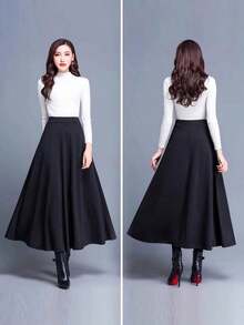 Largo de talle alto bustier falda falda swing grande A-line falda otoño e invierno delgado versátil versión coreana del tamaño grande color sólido negro burdeos señoras falda larga - Negro - Ver 7