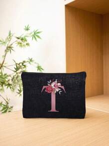 1 Stück - Buchstaben Muster bedruckte multifunktionale Reißverschluss Kosmetiktasche, Damen Kosmetiktasche, schwarze Leinen Tasche, Geldbörse, Initialen 26 Buchstaben Muster Kulturbeutel, Kulturbeutel für Hochzeitspartys, Reißverschluss Handy Geldbörse, Stifttasche, Kosmetiktasche mit großem Fassungsvermögen, Clutch, Brautjungfer Kosmetiktasche, Kulturbeutel, Make-up Box, Handtasche, Reise Kosmetiktasche, Make-up Pinsel Aufbewahrung, Boho Vibes, für Urlaub am Strand, Badezimmer Kollektion, Schlafzimmer Kollektion, Großes Fassungsvermögen - Schwarz - Übersicht 13