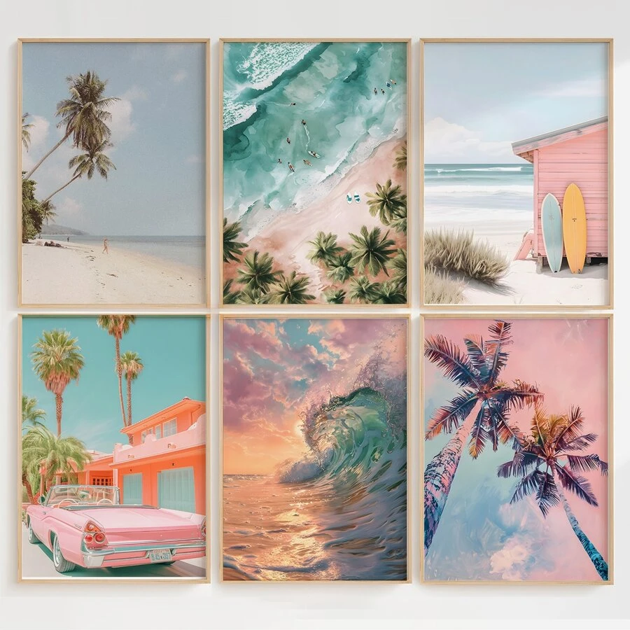 6Pcs/Set Unframed Sea Scenery Waves Cars Beach Sea View With Palm Trees Coconut Trees Poster,Waterproof Canvas Wall Art, Artwork Wall Painting For Gift,Pink Room Decor,Bedroom,Bathroom,Living Room,Dining Room,Kitchen,Office,Cafe, Bar,Wall Decor Aesthetic,Home And Dormitory Decoration Gifts Birthday Graduation Coastal Decor Coastal Decor Beach Decor