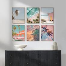 6Pcs/Set Unframed Sea Scenery Waves Cars Beach Sea View With Palm Trees Coconut Trees Poster,Waterproof Canvas Wall Art, Artwork Wall Painting For Gift,Pink Room Decor,Bedroom,Bathroom,Living Room,Dining Room,Kitchen,Office,Cafe, Bar,Wall Decor Aesthetic,Home And Dormitory Decoration Gifts Birthday Graduation Coastal Decor Coastal Decor Beach Decor