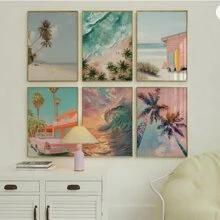 6Pcs/Set Unframed Sea Scenery Waves Cars Beach Sea View With Palm Trees Coconut Trees Poster,Waterproof Canvas Wall Art, Artwork Wall Painting For Gift,Pink Room Decor,Bedroom,Bathroom,Living Room,Dining Room,Kitchen,Office,Cafe, Bar,Wall Decor Aesthetic,Home And Dormitory Decoration Gifts Birthday Graduation Coastal Decor Coastal Decor Beach Decor