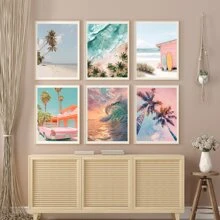 6Pcs/Set Unframed Sea Scenery Waves Cars Beach Sea View With Palm Trees Coconut Trees Poster,Waterproof Canvas Wall Art, Artwork Wall Painting For Gift,Pink Room Decor,Bedroom,Bathroom,Living Room,Dining Room,Kitchen,Office,Cafe, Bar,Wall Decor Aesthetic,Home And Dormitory Decoration Gifts Birthday Graduation Coastal Decor Coastal Decor Beach Decor