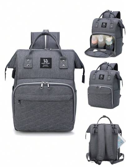 A Gray Embroidery Thread Large Capacity Portable Backpack, Which Can Be Hung With A Stroller, Suitable For Mother's Daily Travel.