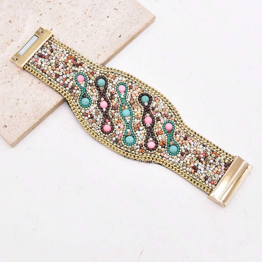 1pc Colorful Rice Bead Bracelet Metal Magnetic Clasp Bangle, Bohemian Jewelry - Rice Bead Bracelet - View 1