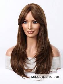 Peluca sintética de 20 pulgadas de cabello castaño miel hasta el hombro con flequillo de cortina, estilo romántico, elegante y sencillo, resistente al calor, ideal para fiestas de Halloween y Navidad, así como para cosplay. - Marrón - Ver 3
