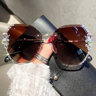 2024 New Crystal Embellished Fashion Glasses For Women, Flattering For Wide Face, Frameless Anti-UV Glasses