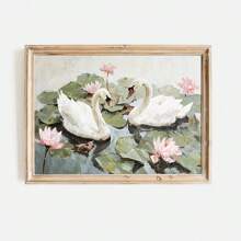 1 幅带框/无框莲花天鹅复古帆布印刷海报复古简约艺术画墙画适用于客厅卧室宿舍公寓、现代家居装饰、礼物 - 杏色 - 查看 2