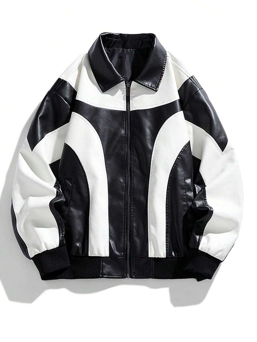 Boyfriend Style Men's Biker Leather Jacket Color Block Racing Coat Black And White Jacket - Black and White - View 1