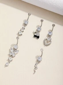 5入組簡約性感銅製肚臍環套裝，配有蝴蝶、大象、蛇、皇冠和方形鑽石裝飾。適合日常穿著、派對和約會。 - 復古銀色 - 查看 4