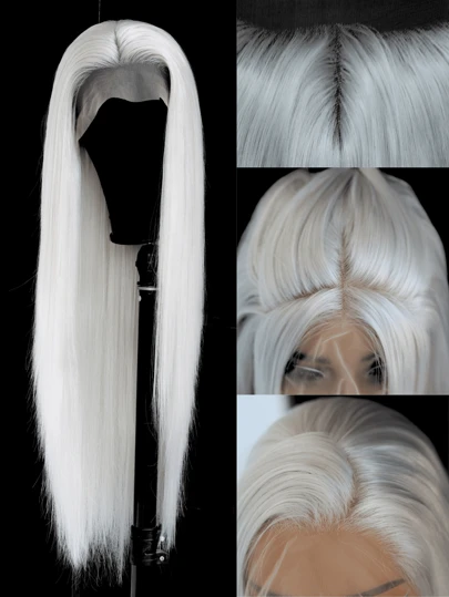 SALLYWELL Lace Front Wigs Glueless Synthetic Long Silk Straight Natural Heat Resistant Fiber Hair Grey Wig With Baby Hair For Women 24 Inches