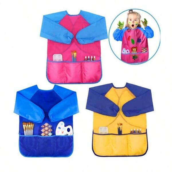 1/2/4 Piezas Bata de arte para niños, Bata de pintura para niños pequeños, Delantal de arte impermeable de manga larga para niños con 3 bolsillos para niños