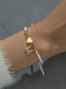 女士不锈钢 26 个字母首字母手链 A-Z 字母心形可调节幸运红绳编织手链珠宝礼物 - 款式1 - 查看 6