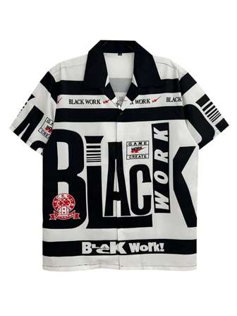 Men's Casual Four-Way Stretch Printed School Shirt, Street-Style Black/Khaki Color, BlackWork Design