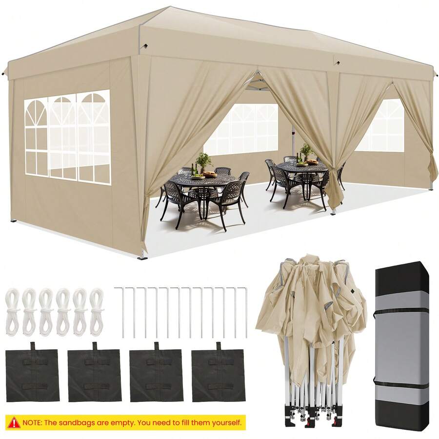 Gazebo 3x6 With Side Walls, Folding Pavilion 3x6 Waterproof, Stable, Winterproof With Bag With Wheels, 4 Sandbags, Easy To Set Up Folding Tent For Outdoor Party, Garden, Event - 卡其色 - 查看 1