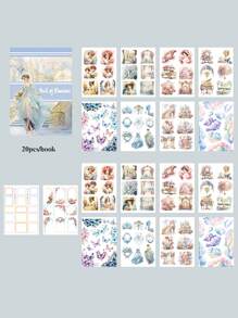 20 Stücke/Beutel Stickerbuch Sammelalbum Zubehör, kreatives Stickerbuch aus PET wasserdichtem Material, leicht abziehbar durch Stanzformen, zarte Figuren, Pflanzen, Blumen, zur Dekoration von Notizbuch, Fotorahmen, Handyhülle, Wasserbecher, Junk Magazin, Sammelalbum DIY
