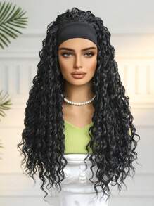 26 英寸卷发带女式假发波浪黑色假发带头带合成编织化纤长卷发假发适合日常使用以及万圣节、角色扮演、圣诞节、时尚女孩。