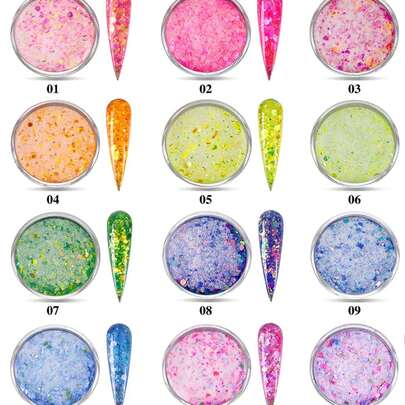 12 色亚克力粉套装，12 盒/套 10 毫升盒装美人鱼六角形大块闪光亚克力粉，用于指甲延长、雕刻浸渍 3 合 1 专业亚克力聚合物指甲粉，带闪光，无需美甲灯，亚克力按压指甲