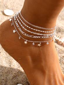 HEI DIAO 5pcs Simple & Fashionable Personalized Exquisite Shiny Multi-Element Chain Combination Stacking Anklet Set For Women & Couples, Suitable For Holiday Gifts, Parties And Daily Wear - Silver - View 16
