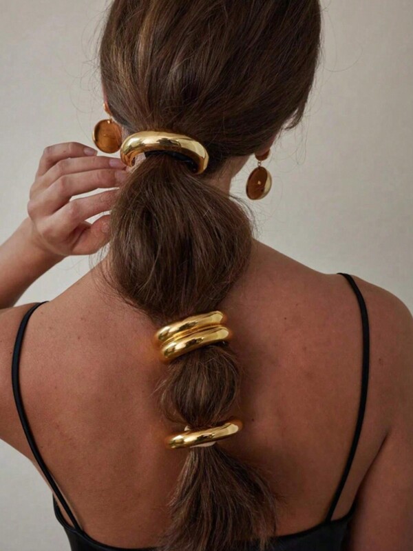 3pcs/1set Elegant Gold Metal Hair Scrunchies, Luxury Women Ponytail Holders, Minimalist Hair Tie Hair Accessories, Small Glossy Double Arch Ponytail Holders, Domed Ponytail Ties, Ponytail Elastic Bands, Ladies And Women Hair Decor,Gold Hair Head Piece