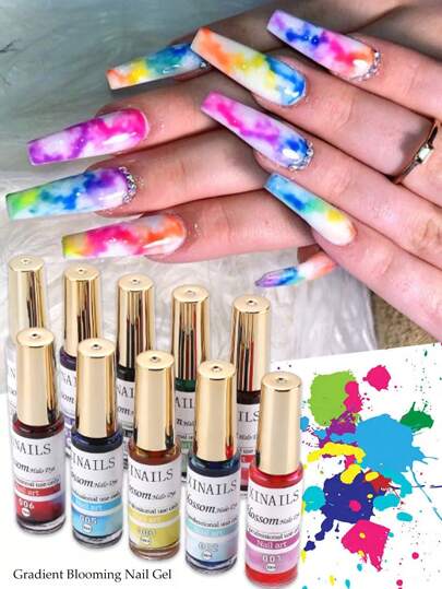 10毫升 绽放美甲凝胶指甲油 1/10片 大理石水彩墨水 DIY花朵设计 晕染效果 UV LED可卸美甲混合颜料指甲油