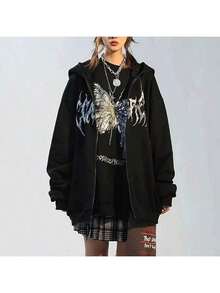 Otoño e invierno las mujeres con capucha cremallera chaqueta suéter chaqueta antes y después de la mariposa de impresión suelta versátil de longitud media ins perezoso chaqueta de viento - Blanco y Negro - Ver 4