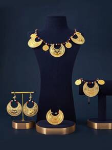 A Set Of Women's Accessories Including Necklace, Bracelet, Ring, Earrings In Gold-Color Copper Alloy With, European And American, Simple, Sweet, Exaggerated, Fashionable, High-End, Retro Styles, Suitable For Outings, Casual Meetings, Daily Dating, Christmas And Other Festivals, Gifts For Girlfriends, Parents. - Gold - View 3