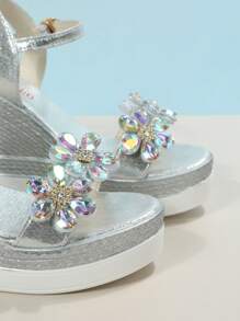 女士厚底水晶花卉装饰防水厚底夏季坡跟凉鞋，适合派对和度假 - 銀色 - 查看 6