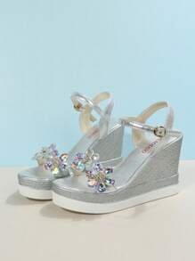 女士厚底水晶花卉装饰防水厚底夏季坡跟凉鞋，适合派对和度假 - 銀色 - 查看 5