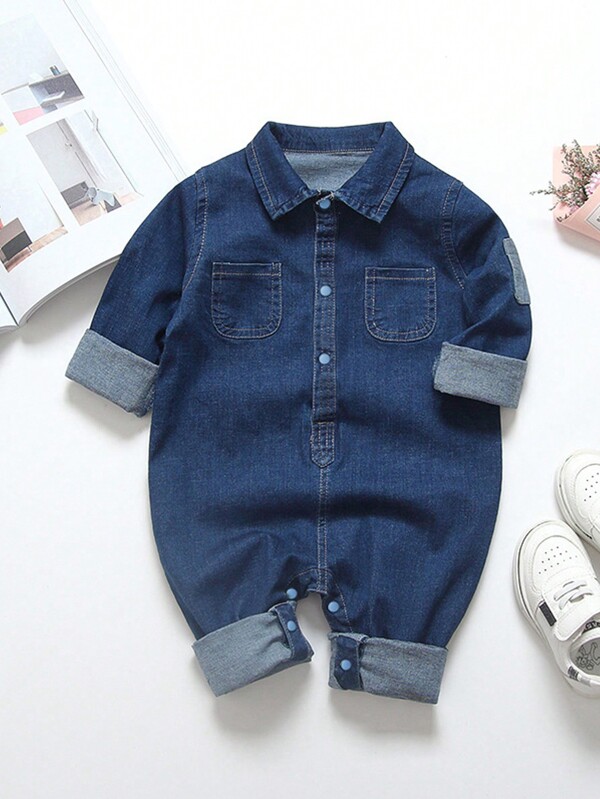 1pc Simple Denim Bodysuit For Baby Boys And Girls, Spring And Autumn