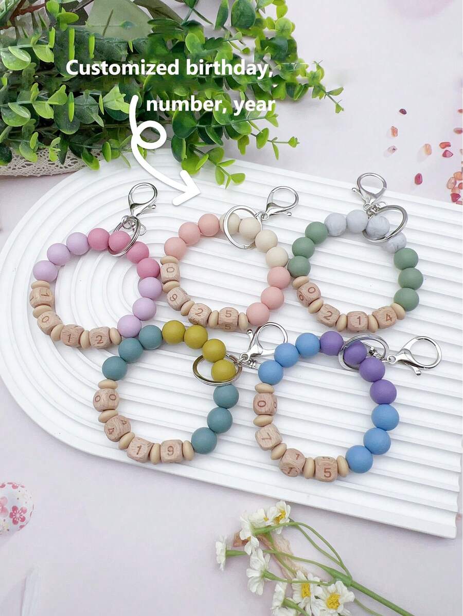 Customized Silicone Square & Round Beaded Wrist Keychain With Personalized Birthday, Year, And Numbers - Multicolor - View 1