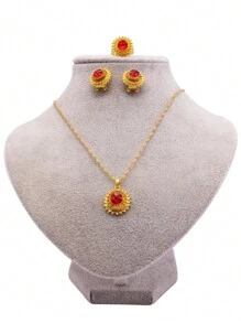 女士镀金首饰套装项链吊坠耳环非洲迪拜婚礼新娘饰品首饰套装礼物 - 金色 - 查看 6