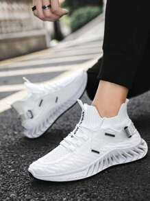 Tenis de los hombres de malla transpirable zapatillas de deporte ligeras casuales, Ronda Toe Lace Up Caminar Correr Zapatos de pareja, Unisex, engorde zapatillas de deporte de ancho pasado - Blanco - Ver 2